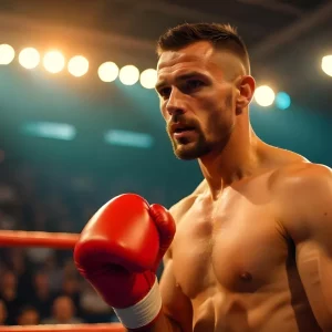 İki boksçu rinqdə zərbə mübadiləsi aparır
