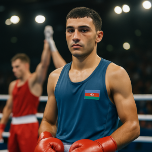 An Azerbaijani boxer stands focused in the ring after a demanding international bout, with