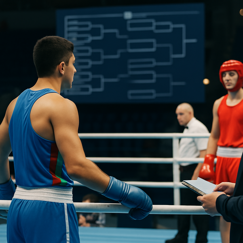 An Azerbaijani boxer and his opponent face each other in a tournament ring as