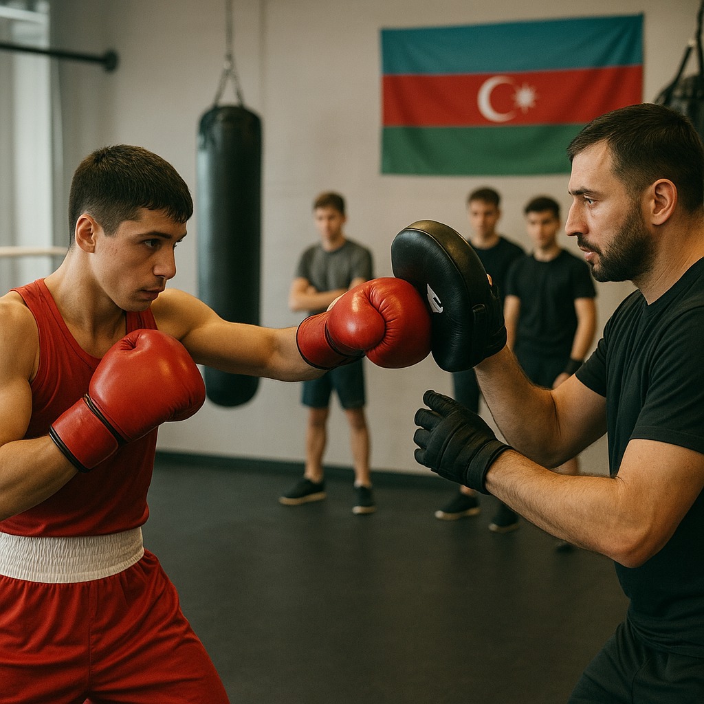 A coach guides a young boxer through mitt drills in a modern Baku club