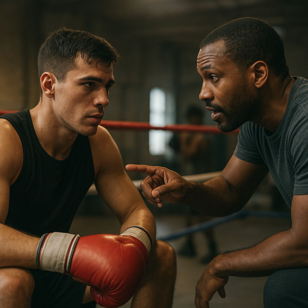 A new boxing coach gives tactical guidance to a focused boxer in the corner