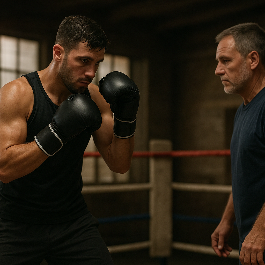 A boxer carefully resumes training in the ring while a coach observes.