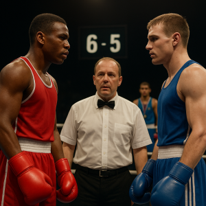A tense boxing match moment evoking Cuba’s 6–5 win over Russia at the 2006