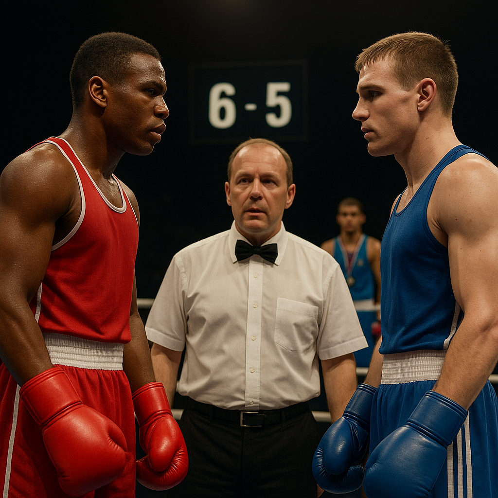 A tense boxing match moment evoking Cuba’s 6–5 win over Russia at the 2006