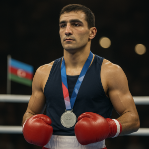 Alfonso Dominguez stands in the boxing ring with his silver medal after the Paris