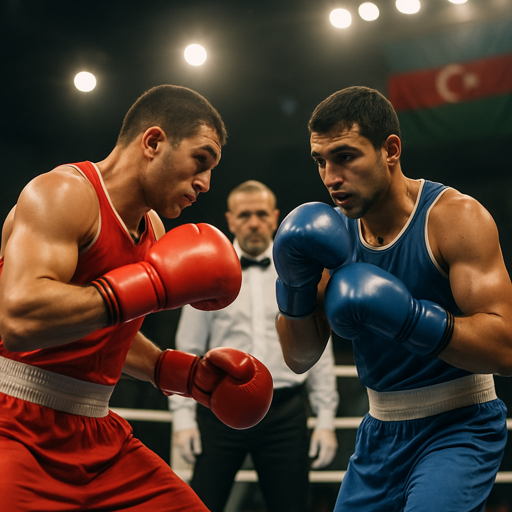 Two Azerbaijani boxers exchange tactics in a championship ring as a referee watches.