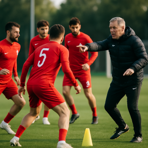 Azerbaijan national team players in red training kits practice a tactical drill as their