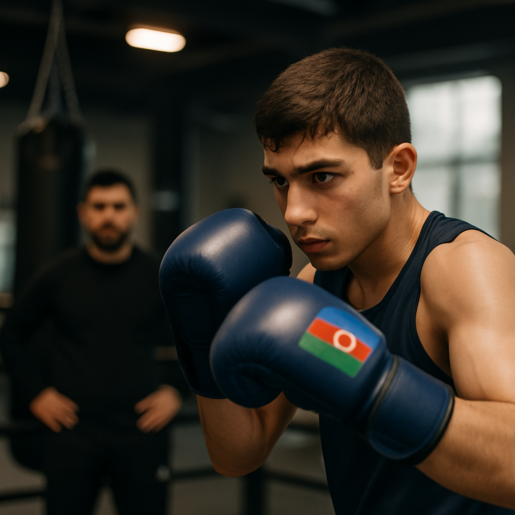 A young Azerbaijani boxer sharpens his technique in the gym as a coach watches.
