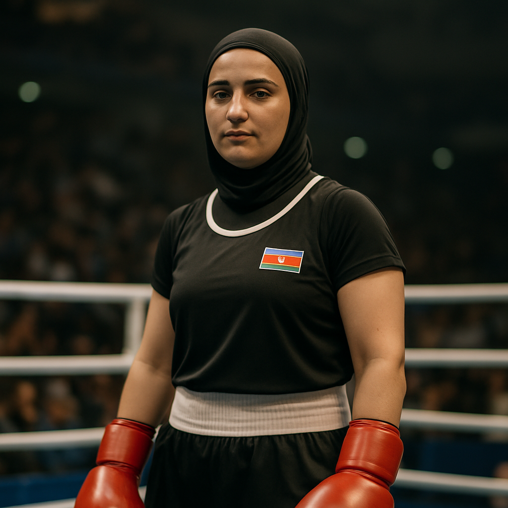 An Azerbaijani woman boxer stands focused in an international ring, embodying the skill and