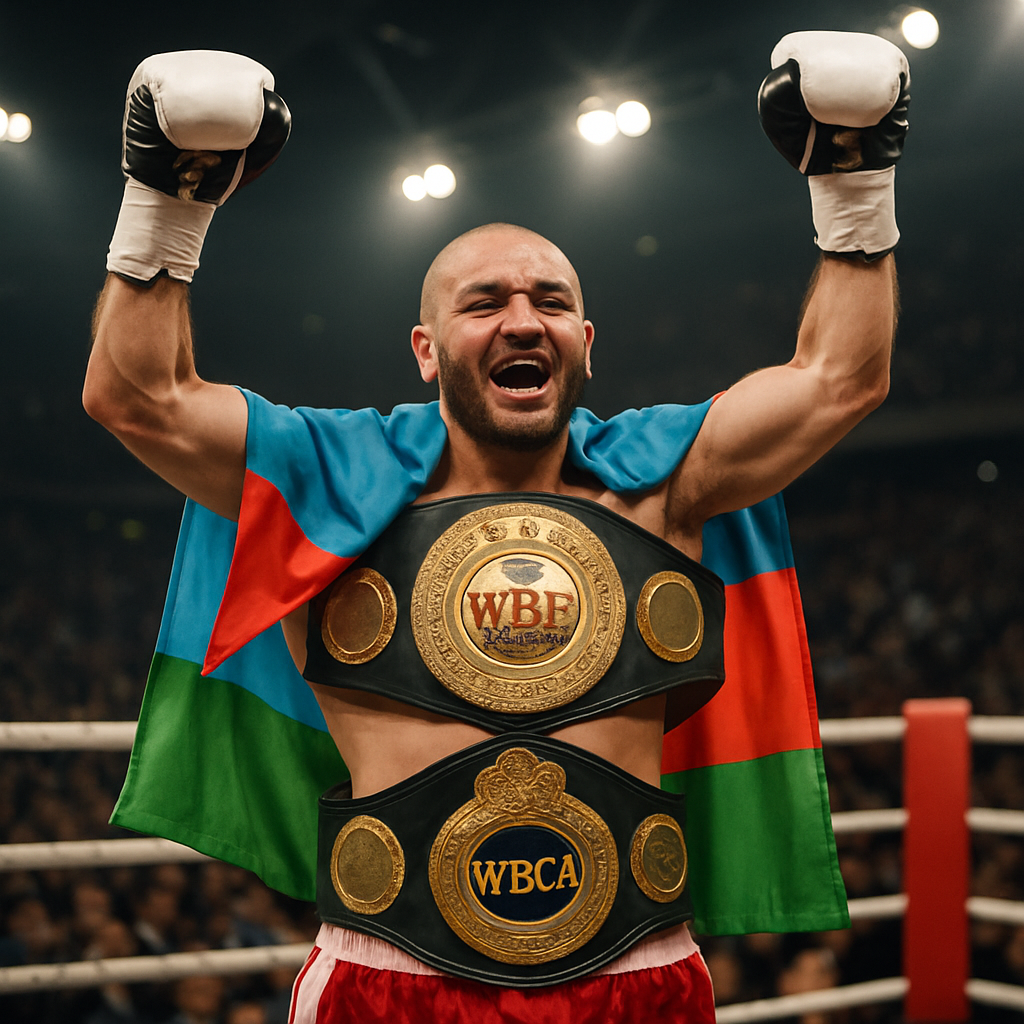 Fariz Məmmədov celebrates in the Baku ring after winning the WBF and WBCA titles