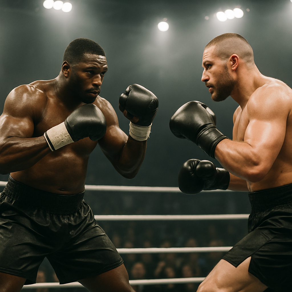 Two heavyweight boxers size each other up in a brightly lit ring before a