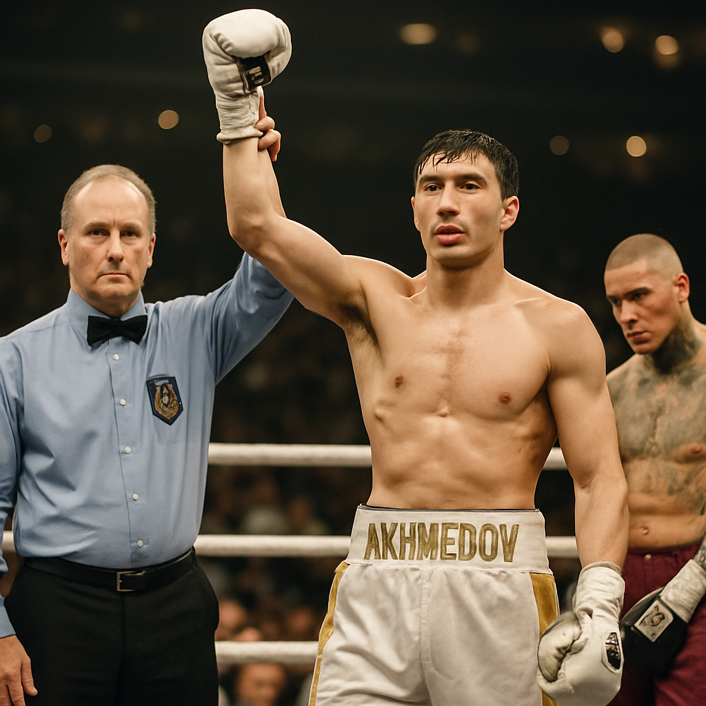 Ali Akhmedov celebrates his Las Vegas victory over Gabriel Rosado as the referee raises