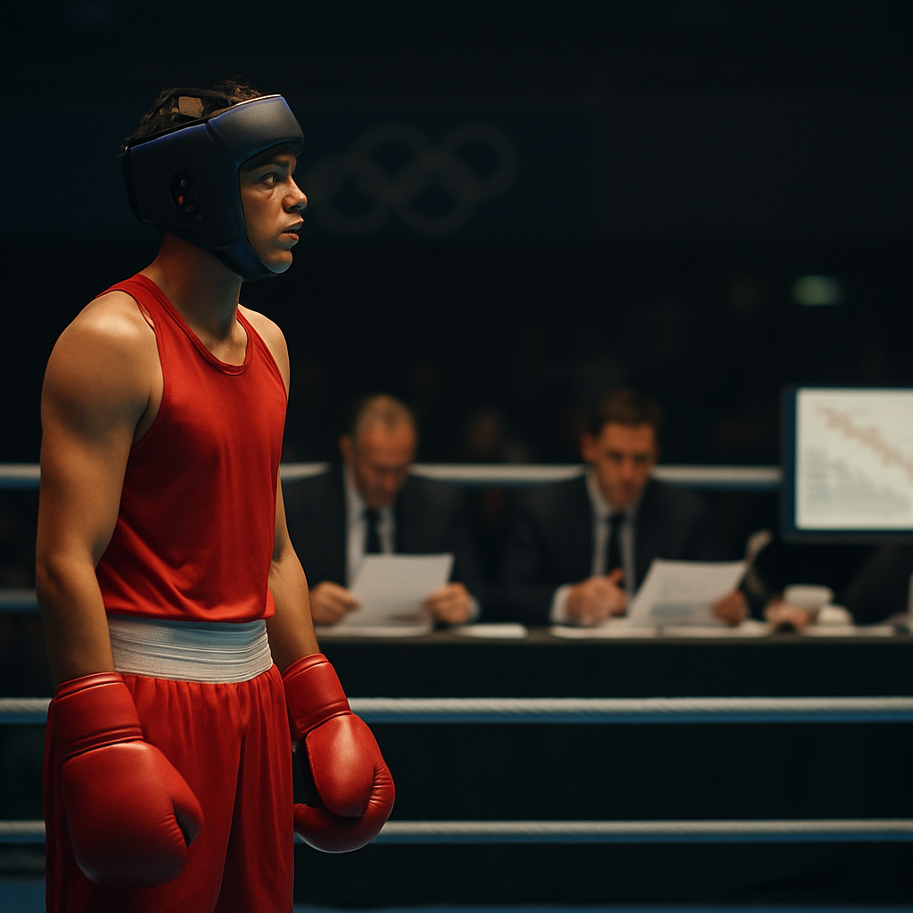 A boxer waits in the ring as officials review documents in the background, evoking